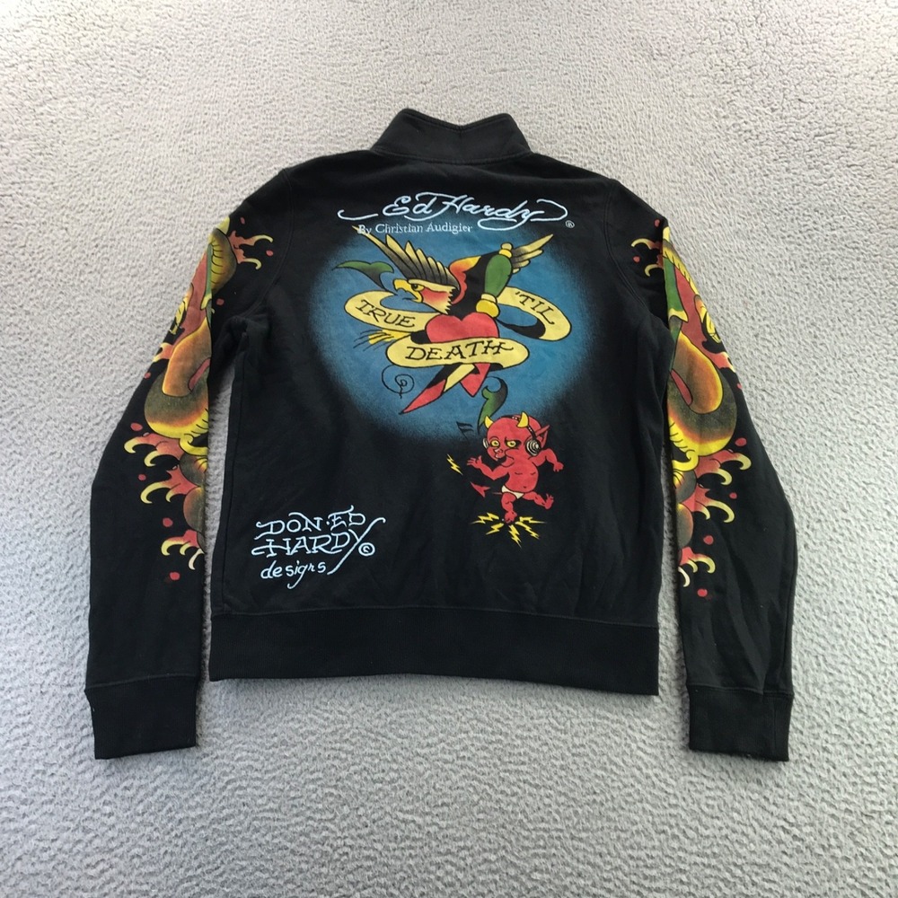 Vintage Y2K Ed Hardy Jacket Womens Large Black Embroidered Skull Love Kills Zip